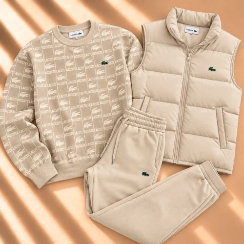 3-Piece Monogram Sweatshirt & Puffer Vest Tracksuit Set – Beige