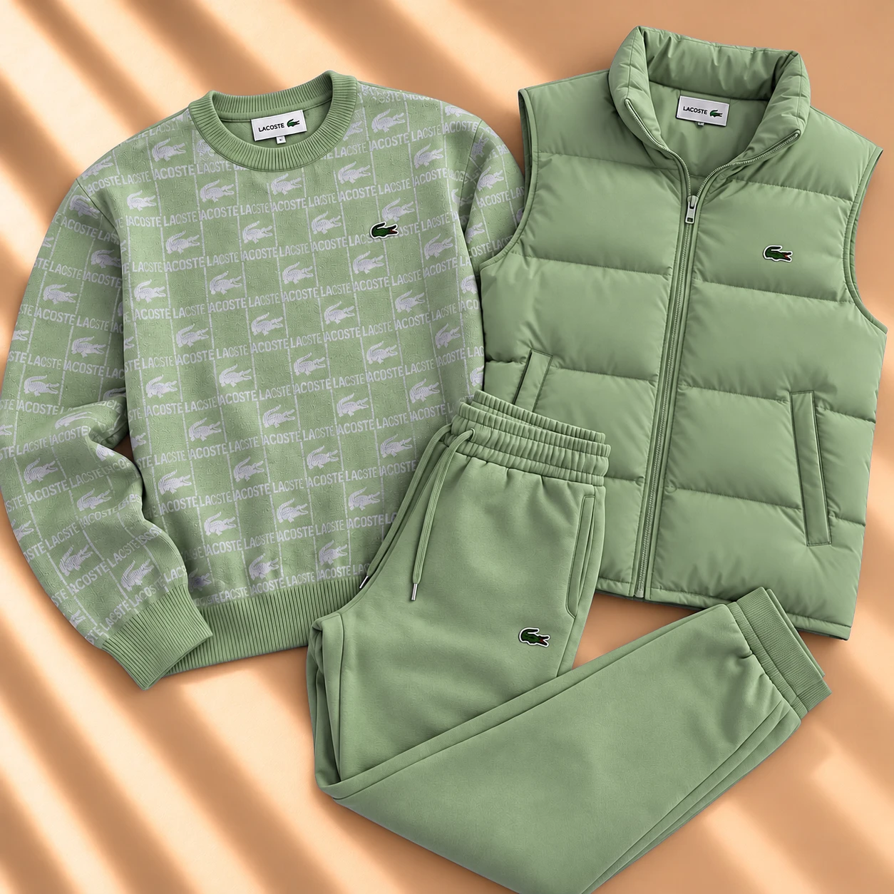 3-Piece Monogram Sweatshirt & Puffer Vest Tracksuit Set – Sage Green