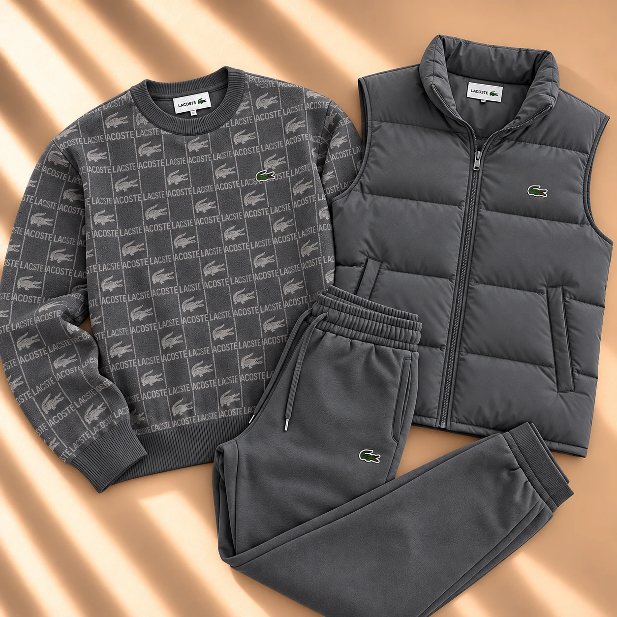 3-Piece Monogram Sweatshirt & Puffer Vest Tracksuit Set – Graphite Grey