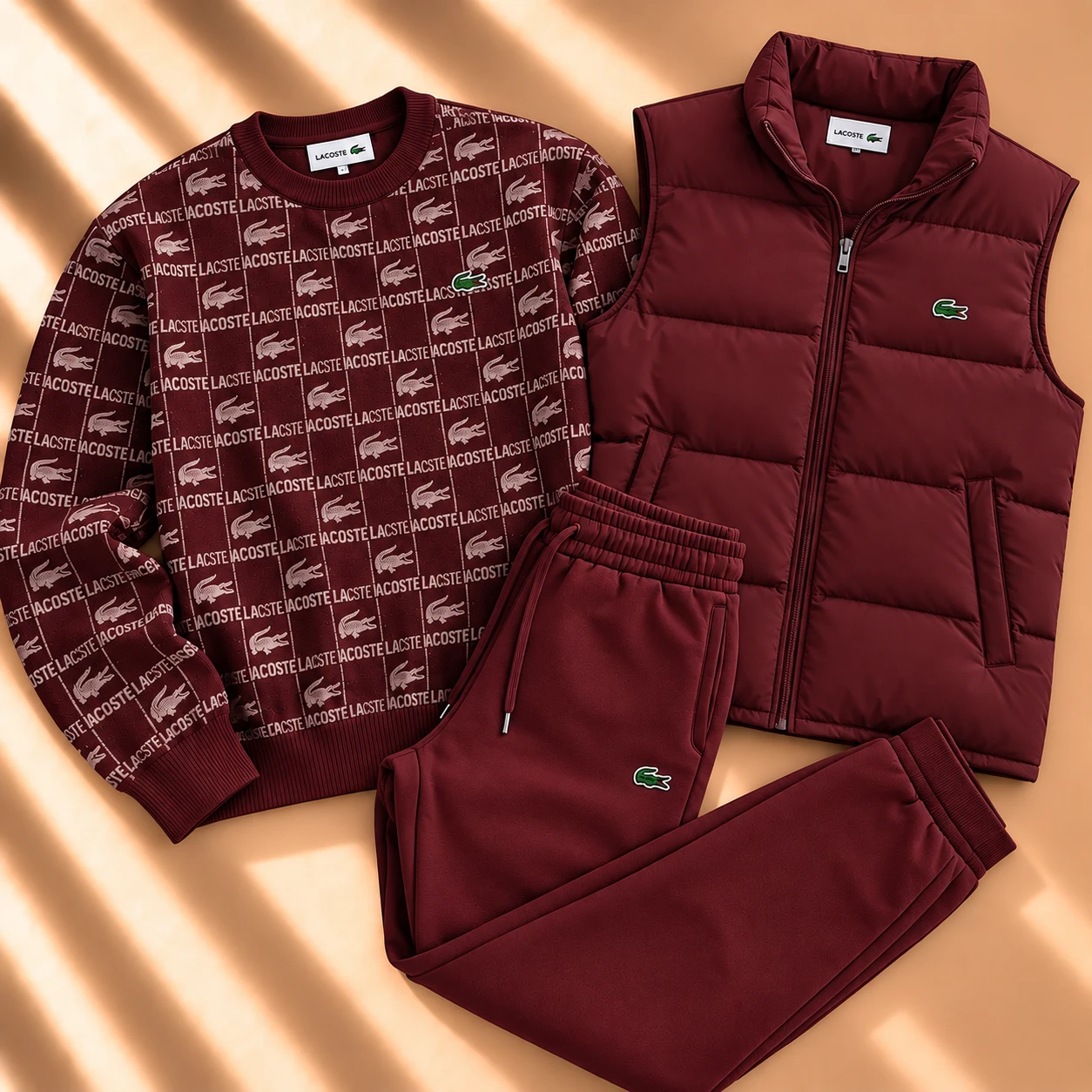3-Piece Monogram Sweatshirt & Puffer Vest Tracksuit Set – Burgundy