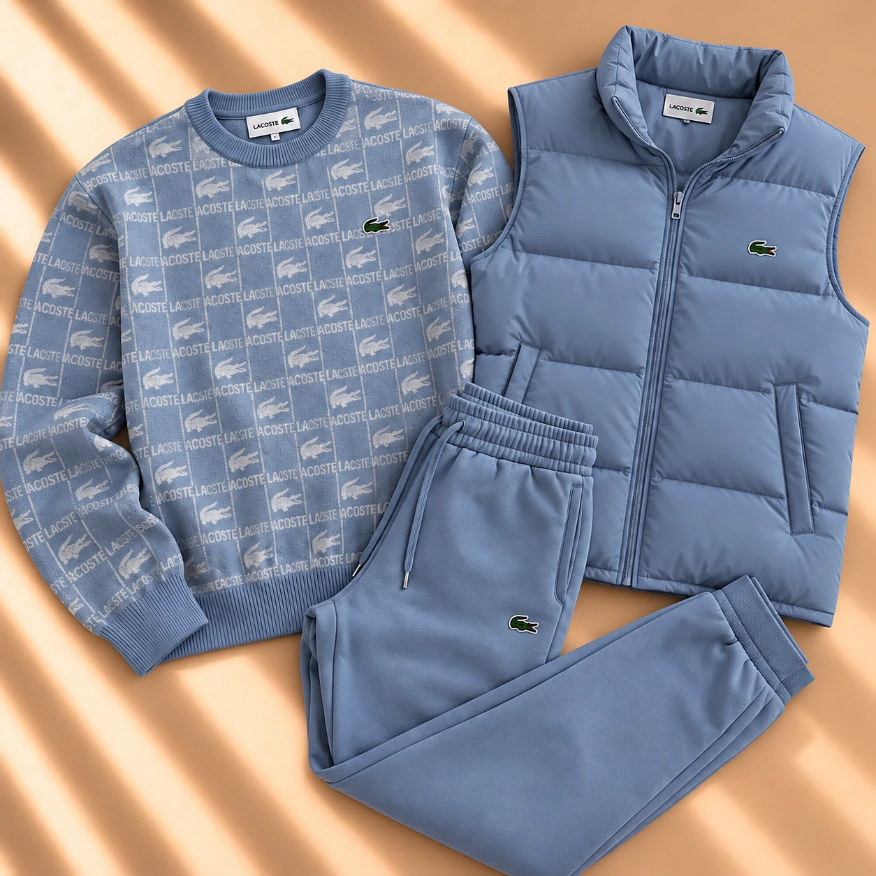 3-Piece Monogram Sweatshirt & Puffer Vest Tracksuit Set – Dusty Blue