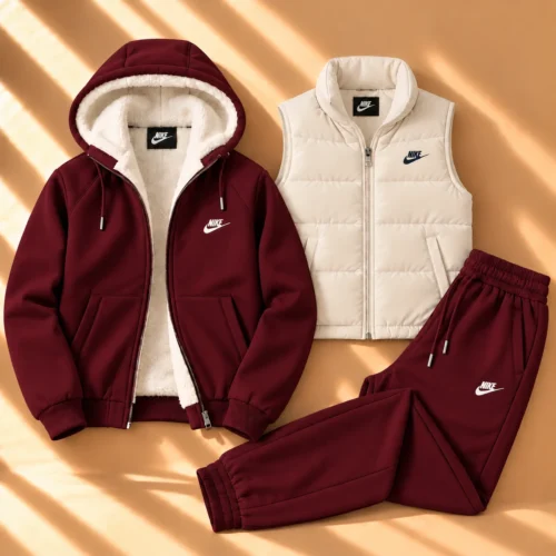 3-Piece Sherpa-Lined Hoodie & Puffer Vest Tracksuit Set – Burgundy