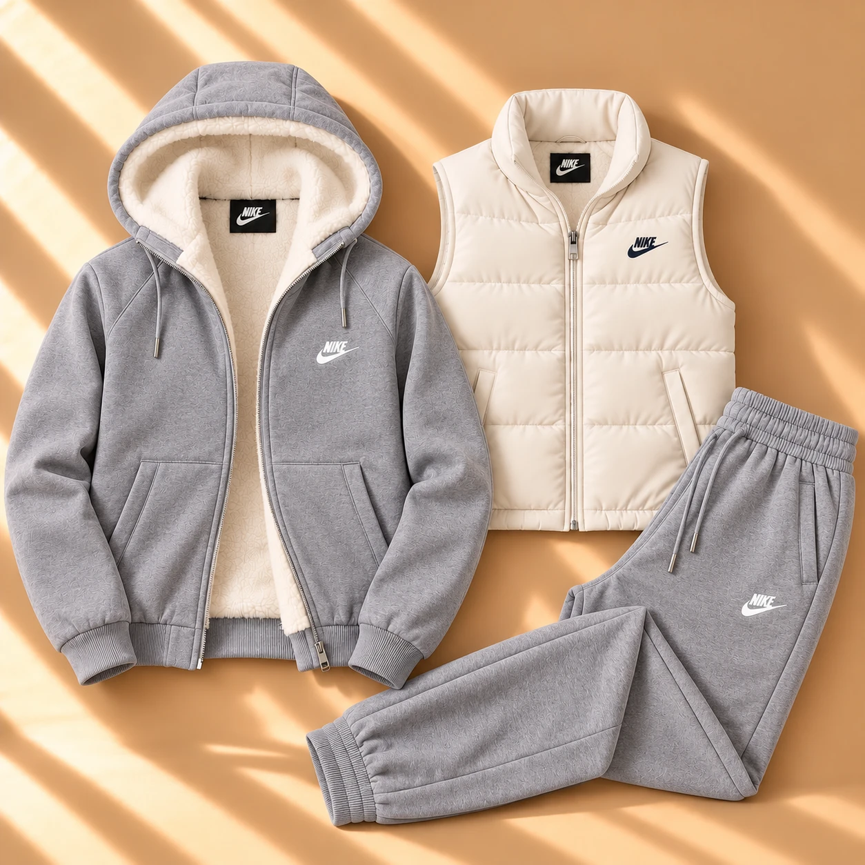 3-Piece Sherpa-Lined Hoodie & Puffer Vest Tracksuit Set – Heather Grey