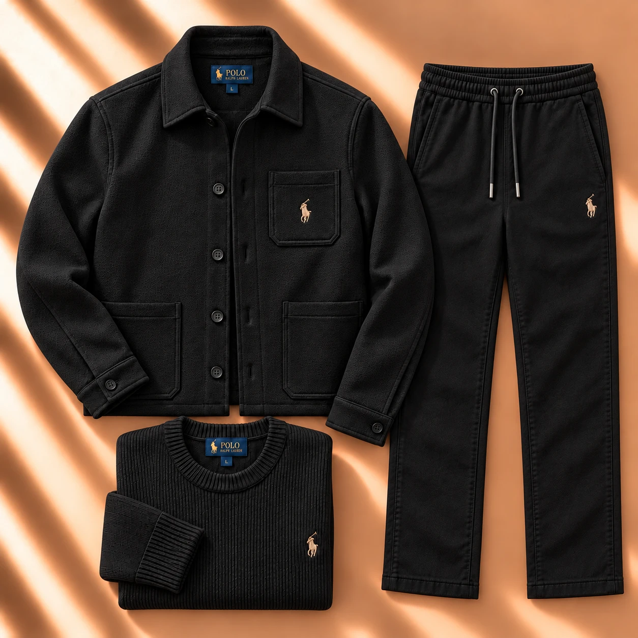 3-Piece Textured Jacket & Knit Tracksuit Set – Black