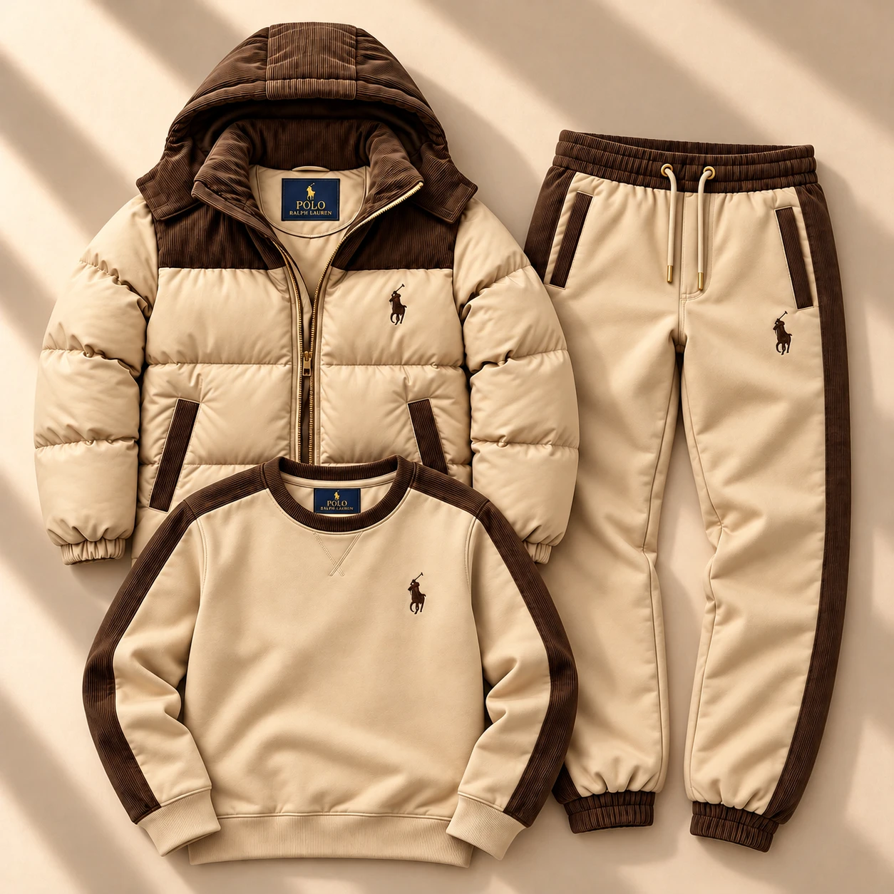 Prémium 3 részes puffer kabát és melegítő szett – khaki tan