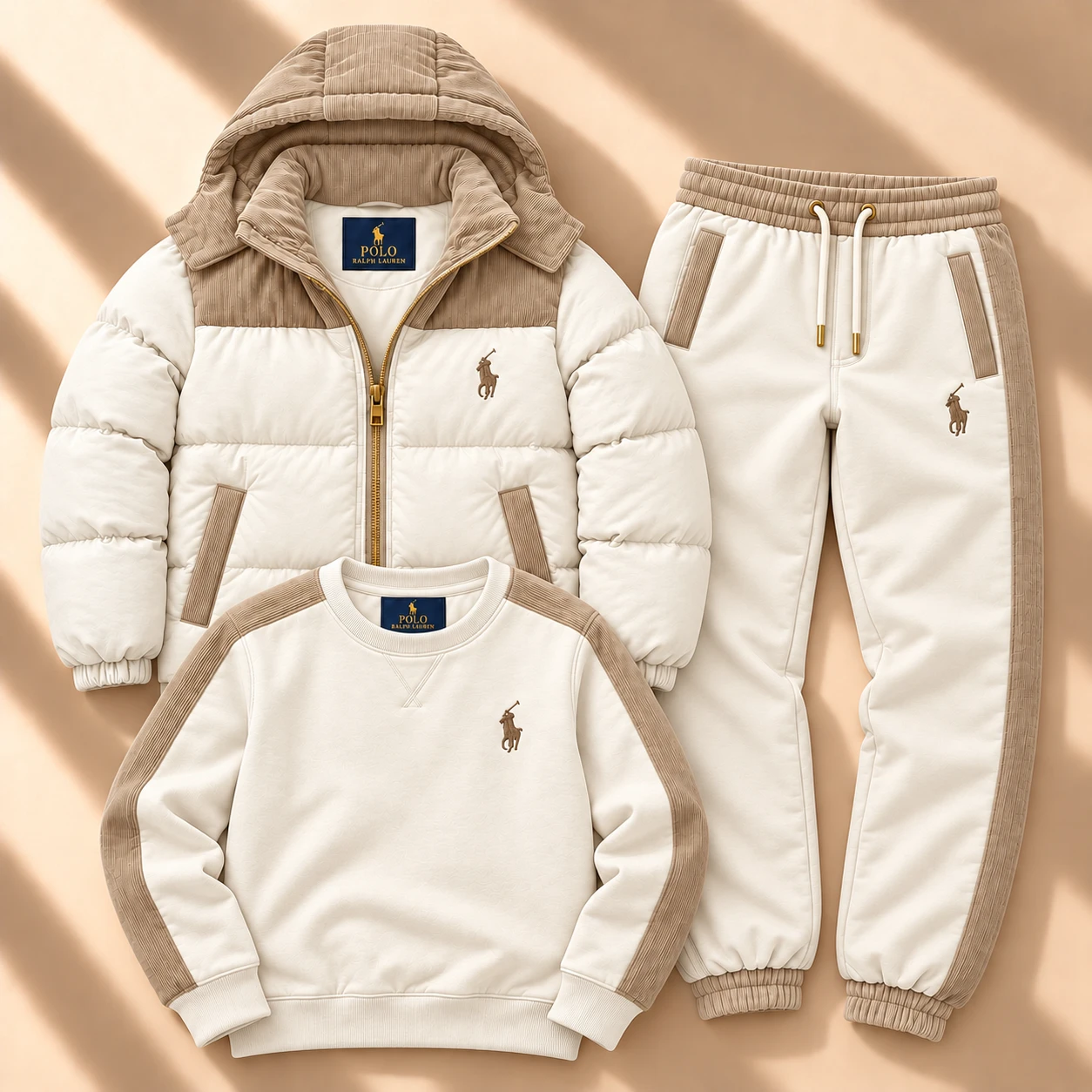Prémium 3 részes puffer kabát és tracksuit szett – Krém