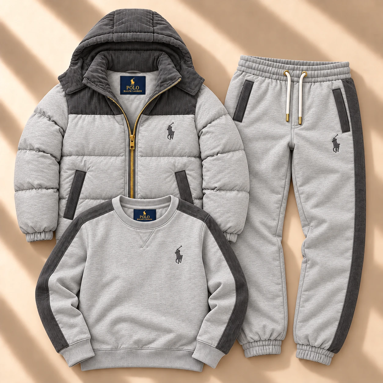 Prémium 3 részes puffer kabát és tracksuit szett – Szürke melange