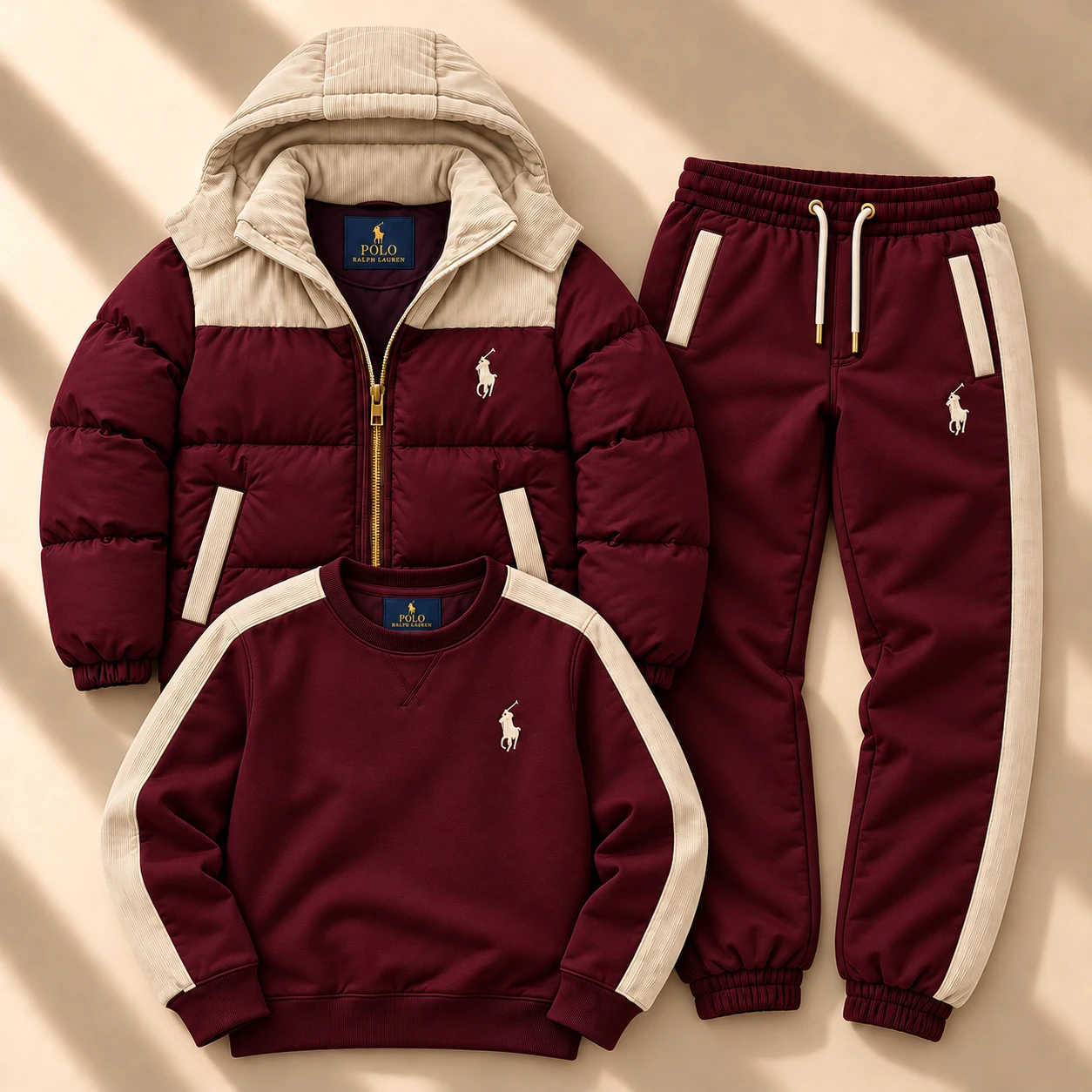 Prémium 3 részes puffer kabát és tracksuit szett – Burgundi