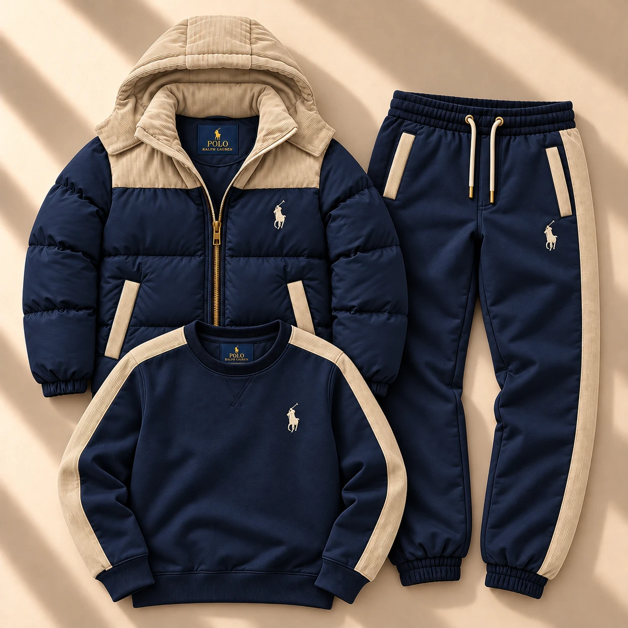 Prémium 3 részes puffer kabát és tracksuit szett – Sötétkék