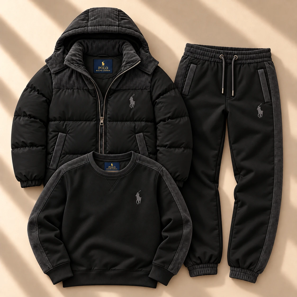 Prémium 3 részes puffer kabát és tracksuit szett – Fekete