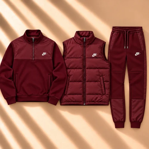Premium 3-Piece Puffer Vest & Half-Zip Tracksuit Set – Burgundy