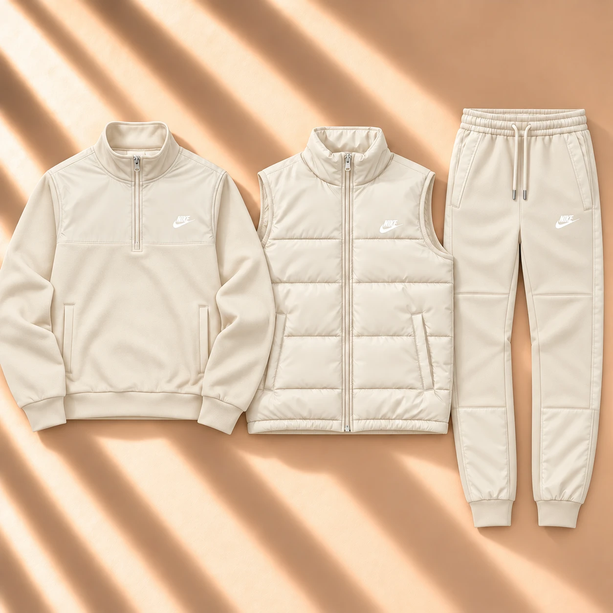 Prémiová 3dílná souprava s péřovou vesty a half-zip tracksuitem – Cream