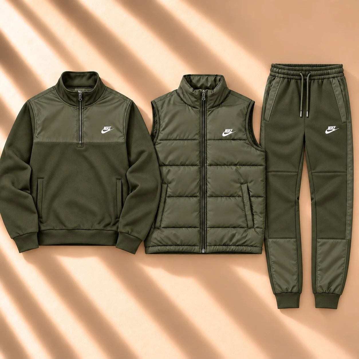 Prémiová 3dílná souprava s péřovou vesty a half-zip tracksuitem – Olive Green