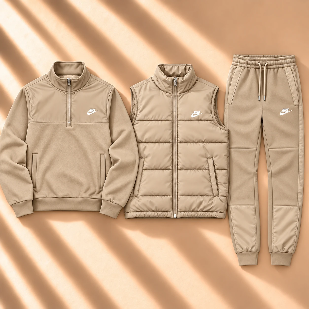 Prémiová 3dílná souprava s péřovou vesty a half-zip tracksuitem – Khaki