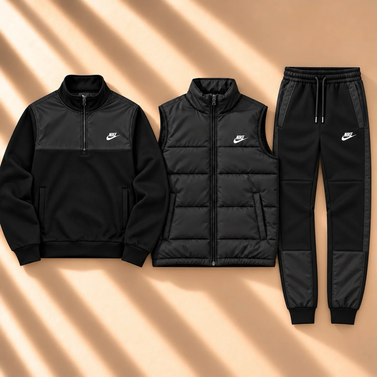 Prémiová 3dílná souprava s péřovou vesty a half-zip tracksuitem – Black