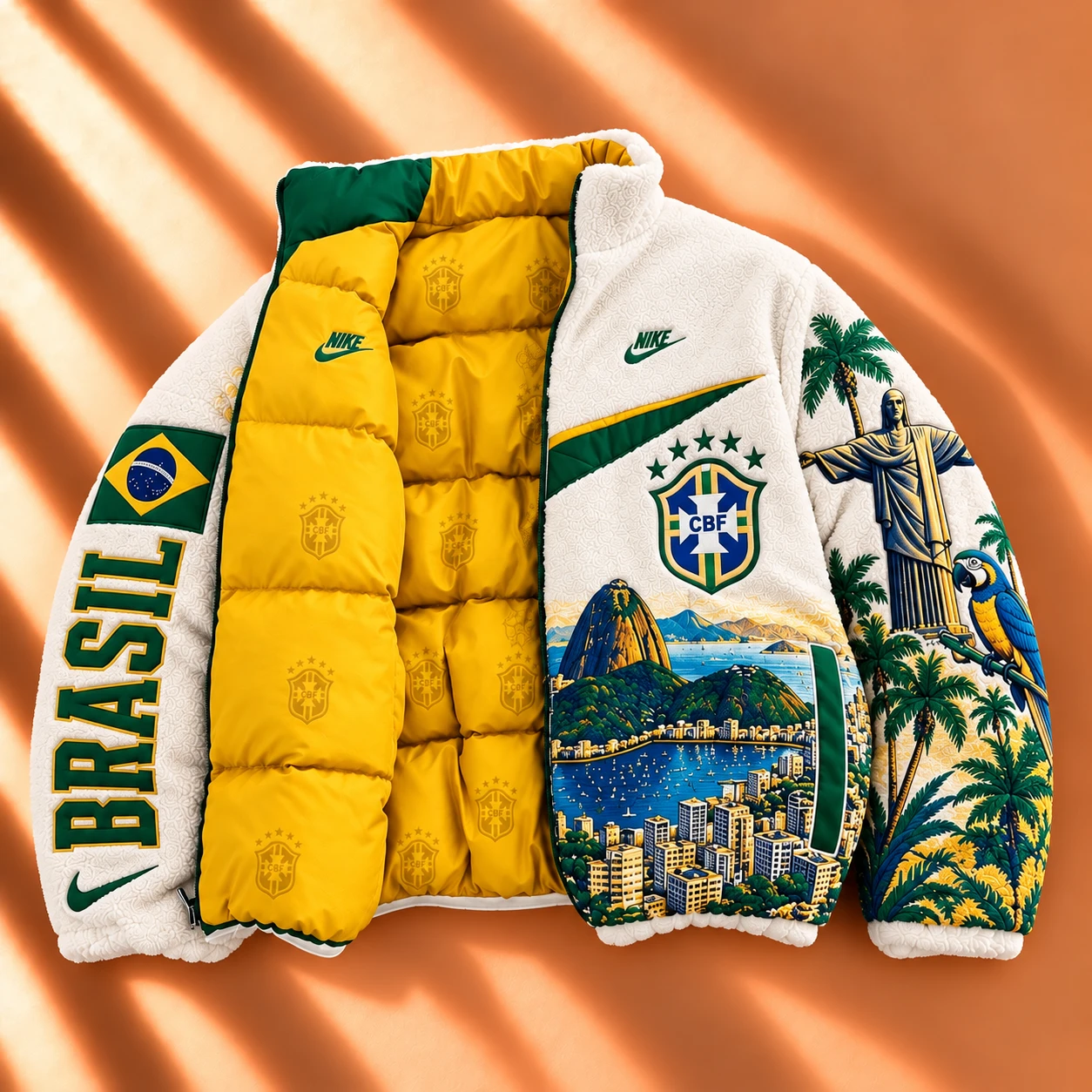 Premium Reversible World Heritage Sherpa & Puffer Jacket – Yellow Tropical