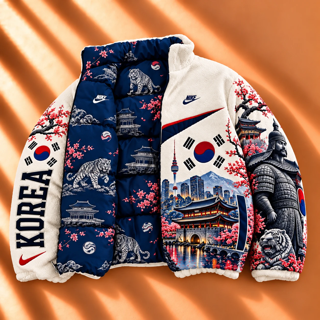 Premium Reversible World Heritage Sherpa & Puffer Jacket – Navy Blossom Tiger