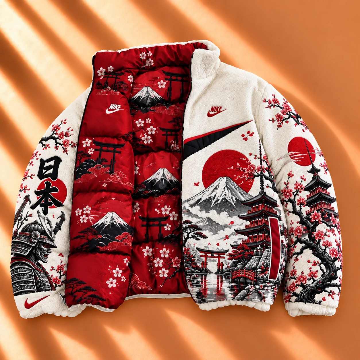 Premium Reversible World Heritage Sherpa & Puffer Jacket – Red Blossom Mountain