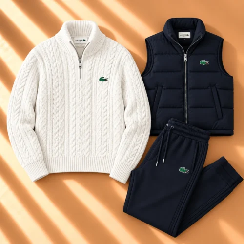 Premium Winter 3-Piece Set – Cable Knit Sweater, Puffer Vest & Joggers – Cream & Navy