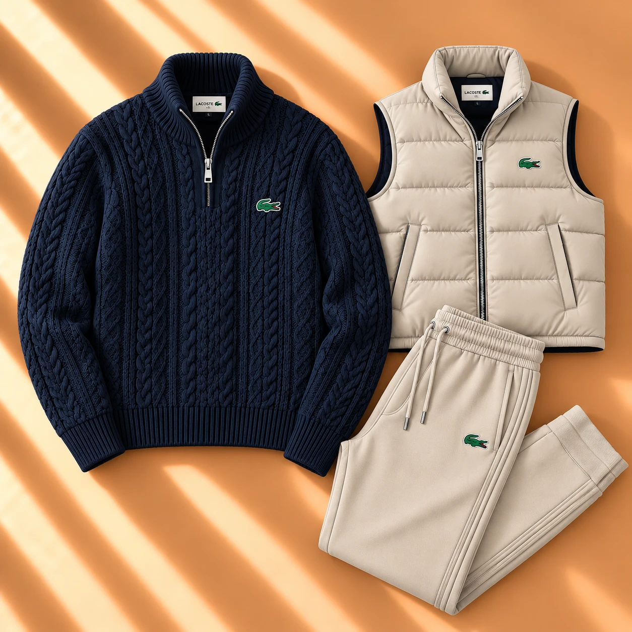 Premium Winter 3-Piece Set – Cable Knit Sweater, Puffer Vest & Joggers – Navy & Beige
