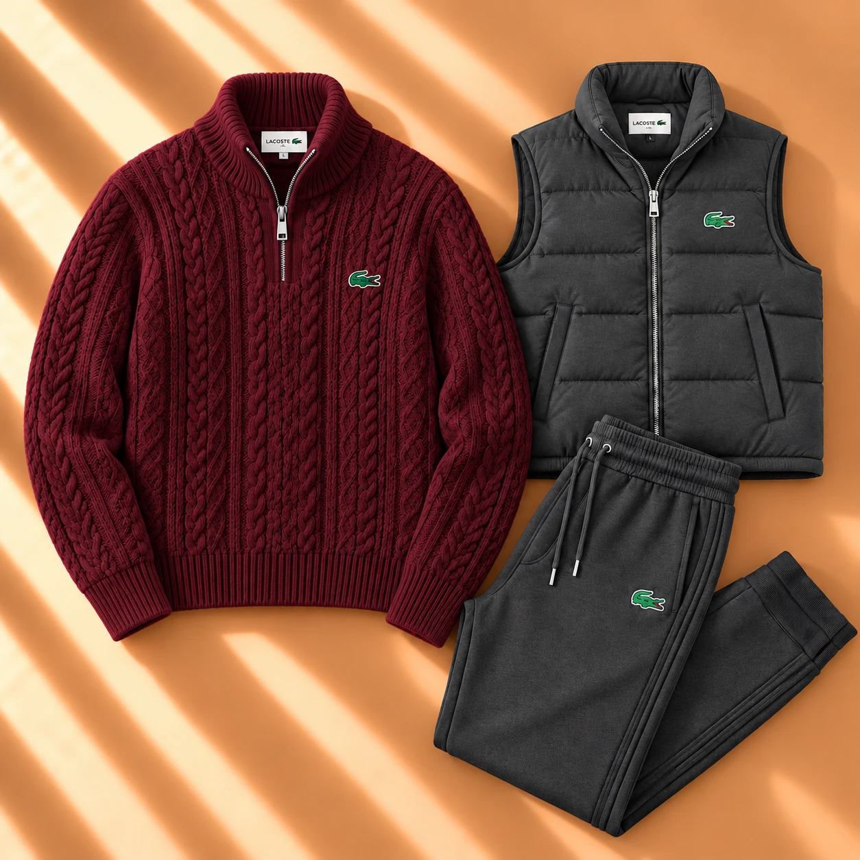Premium Winter 3-Piece Set – Cable Knit Sweater, Puffer Vest & Joggers – Burgundy & Charcoal