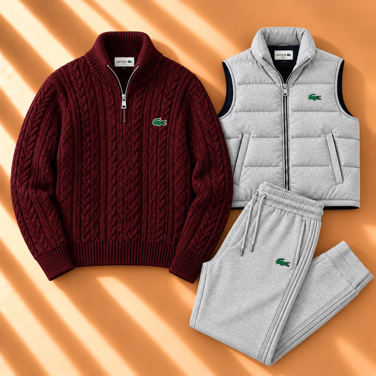 Premium Winter 3-Piece Set – Cable Knit Sweater, Puffer Vest & Joggers – Burgundy & Grey