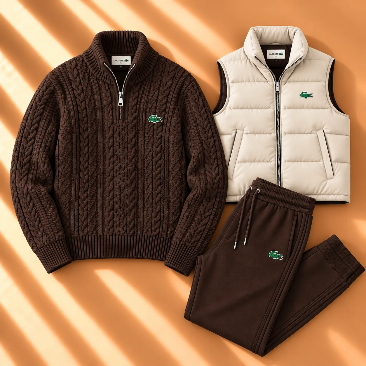 Premium Winter 3-Piece Set – Cable Knit Sweater, Puffer Vest & Joggers – Chocolate Brown & Cream