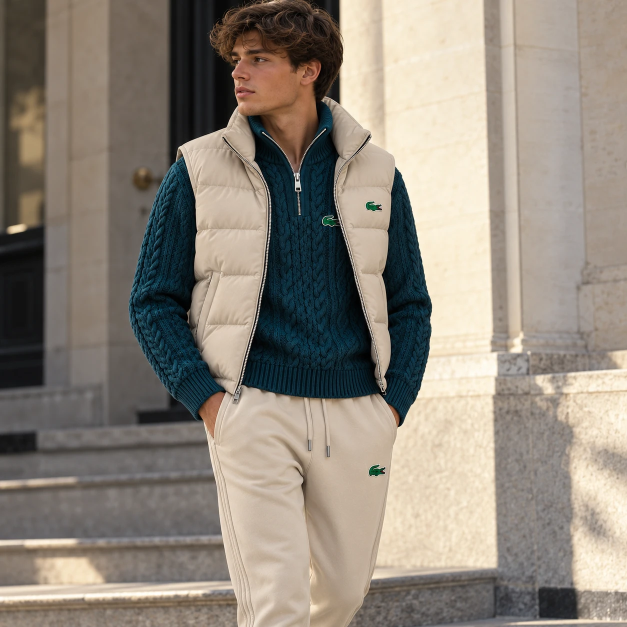 Premium Winter 3-Piece Set – Cable Knit Sweater, Puffer Vest & Joggers
